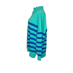 Wiholl Half Zip Mock Neck Sweater Size XL Turquoise Blue Striped Preppy Coastal thumbnail 4