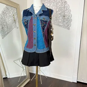 Carole Little Vintage 90s Denim Tapestry Patchwork Button Up Vest Top S thumbnail 2