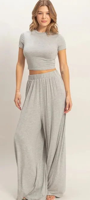 HYFVE Heather Gray Wide Leg Lounge Set Large 2 Piece Crop Top Pants thumbnail 1