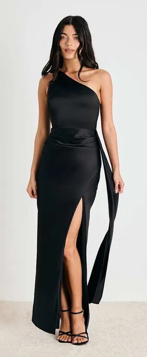 Lulus Signature Elegance Black Satin One-Shoulder Maxi Dress Size Large NWT thumbnail 1