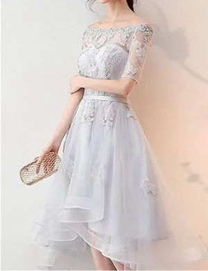 Amazon Women's high low prom dresses formal wedding party gowns with sleeves appliques thumbnail 5
