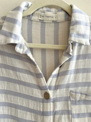 By Together Short Sleeve Button Down Striped Shirt, White/Periwinkle, Size Small thumbnail 7