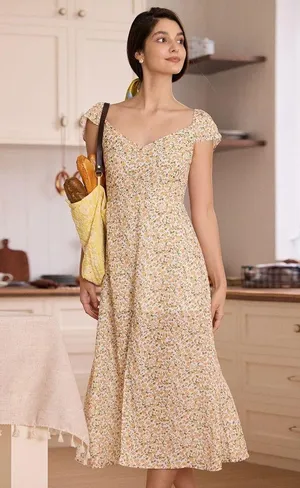 RIHOAS The Yellow V Neck Floral Slit Midi Dress thumbnail 2