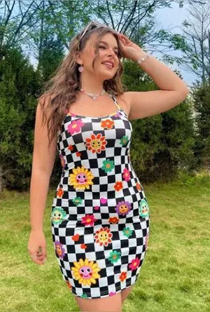 SHEIN Qutie Plus Size Black & White Gingham Dress With Flower Print XL thumbnail 1