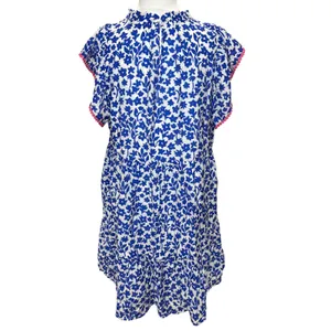 THML Anthropologie XL Blue White Floral Tiered Babydoll Dress Pink Pom Pom Trim thumbnail 3
