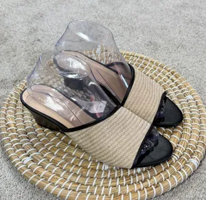 Ann Taylor Factory Women’s Slip-On Leather Raffia Wedge Sandals in Black Cream 8 thumbnail 1