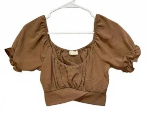 Altar'd State Womens Crop Top Brown Puff Sleeve Back Tie Small thumbnail 1
