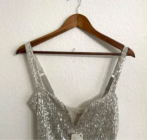 NWT Free People Womens Bodysuit Silver Sparks Fly Bodysuit Sequin Size Small thumbnail 4