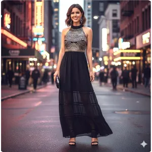 B. Darlin Maxi Dress Womens 6 Black Halter Beaded Chiffon Prom Formal Gown thumbnail 12