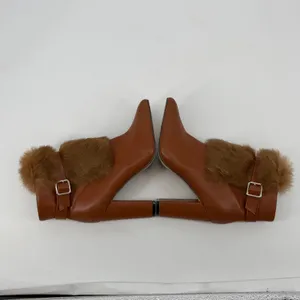 Fur Cuff‎ Pointed Toe Heeled Ankle Boots Womens EU 41 Brown Buckle Faux Leather thumbnail 5