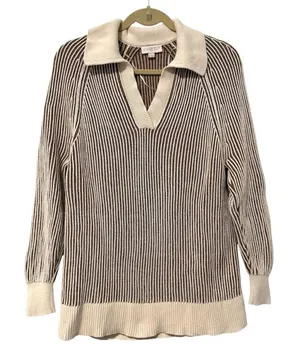 LOFT Pullover Sweater Brown Cream‎ Striped Ribbed Knit V-Neck Women Small thumbnail 1