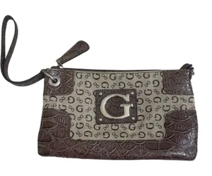Guess Monogram Canvas Brown Croc Embossed Wristlet Clutch Silver G Logo Bag thumbnail 1
