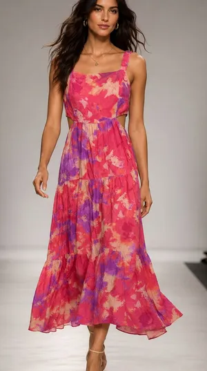 SO Pink Purple Floral Cutout Midi Dress Size L thumbnail 1