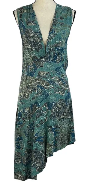 Zadig & Voltaire Small Asymmetrical Dress Sleeveless Deep V-Neck Teal Abstract thumbnail 1