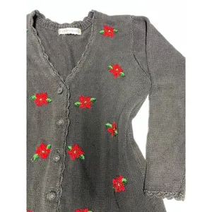 Victoria Jones VintageSweater Poinsettia Cardigan Beaded Christmas Grandma M thumbnail 2