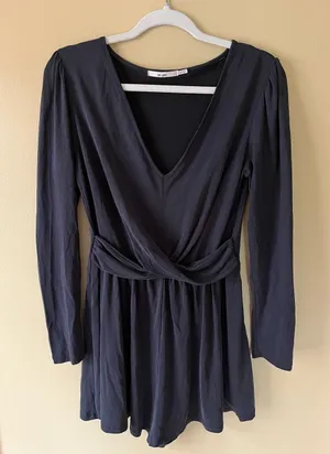 Women's Black Long-Sleeve Wrap Romper Dress thumbnail 1