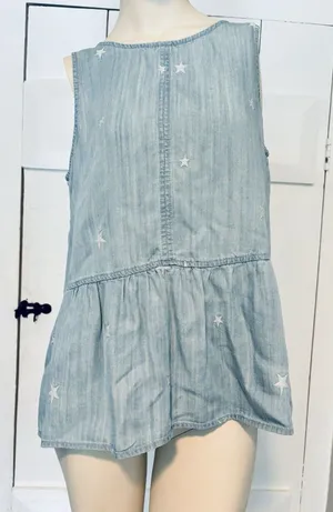Velvet‎ Heart Peplum Tank Top Light Blue Chambray White Embroidered Stars Med thumbnail 1