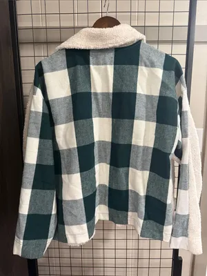 No Comment Teddy Sherpa Jacket with Green Plaid Pockets thumbnail 2