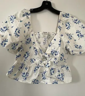 White Blue Floral Peplum Top Large Cottagecore Coquette Puff Sleeve Tie Front thumbnail 1