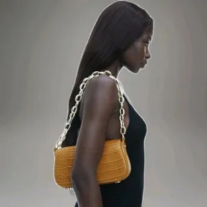 Zara Croc Shoulder Bag Yellow Gold Tone Chain Strap Clean Inside Luxury Travel thumbnail 2