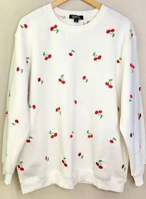 Vinyl Icons Cherry Embroidered White Crewneck Sweatshirt thumbnail 1
