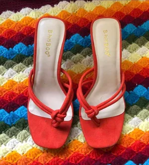 Bamboo Y2K 2000s Orange thong slip on kitten heels sandals pumps with a cute knot detail square toe thumbnail 1
