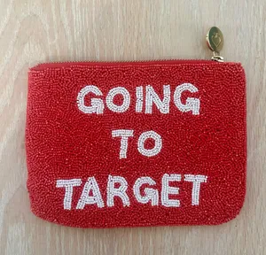 Red Beaded Zip Pouch with White Lettering thumbnail 1