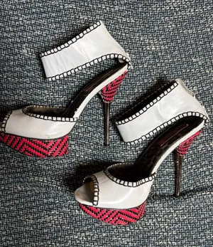 Betsey Johnson Tricksy White Leather Platform Stiletto Heels Hot Pink and Black thumbnail 1