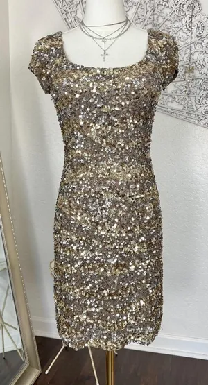 Scala 100% Silk Gold & Silver Sequin Mini Dress Size 0 / fits S thumbnail 1