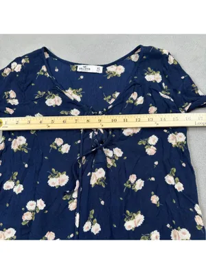 Hollister Women Navy Floral Lace-Up Long Sleeve Babydoll Blouse XS Boho thumbnail 5