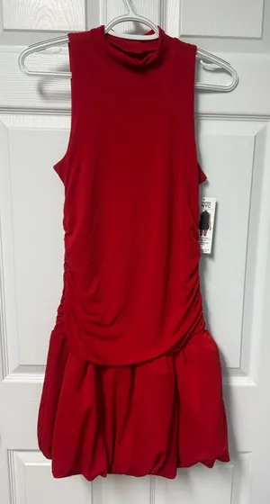 Sleeveless Red High-Neck Ruched Mini Dress thumbnail 1