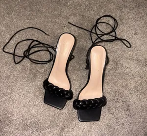 Braided Strap Black Lace-Up Heeled Sandals by Cathy Din size 7 thumbnail 1