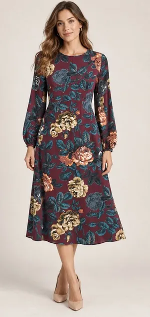 ASOS Midi Dress Women 6 Burgundy Floral Dark Academia Long Sleeve Tea Dress thumbnail 1