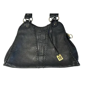 Vintage FENDI Black Pebbled Leather Spy Bag Purse Braided Handles Handbag thumbnail 2