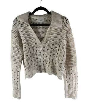 H&M Ivory Knit Cropped Crochet Sweater With V-Neck & Collar Size M 100% Cotton thumbnail 1