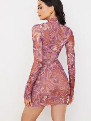 NWT House of CB Dylan Purple Printed Mesh Lace Up Mini Dress Size‎ 4 thumbnail 3