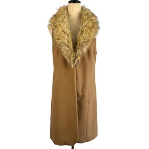 GUESS Los Angeles Womens Medium Camel Tan‎ Faux Fur Collar Longline Vest Chic thumbnail 2
