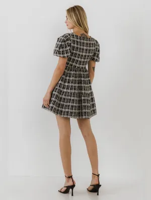 English Factory Colorful Tweed Square Neck Puff Sleeve Babydoll Dress Black Multi thumbnail 4