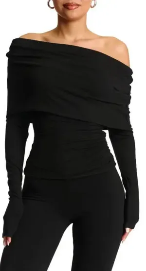 NWT Naked Wardrobe Off The Shoulder Cowl Neck Black Top Blouse Shirt M NW thumbnail 1