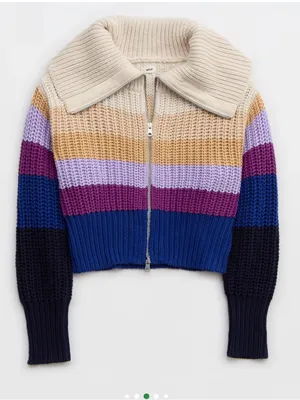 Aerie Double Zip Cardigan Sweater Color Block Purple Tan Blue Cream Size Medium thumbnail 1