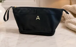 Black Nylon Travel Makeup Cosmetic Toiletry Bag Gold Initial A Wristlet 12.5” thumbnail 1