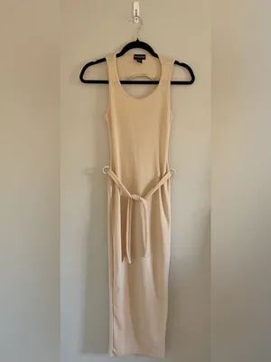 PrettyLittleThing Ribbed Open Back Waist Tie Midi Dress, Cream, Size 2, EUC thumbnail 3
