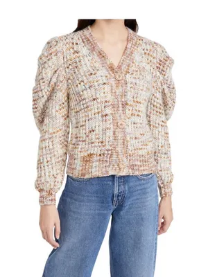 Jacquie The Label V Neck Puff Sleeve Fiora Cardigan Knit Sweater Small Tan Fawn thumbnail 4