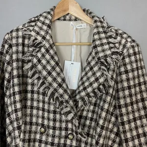 NWT Grace Karin Tweed Pea Coat Plaid Women Size XL Raw Edges Belted Cream Brown‎ thumbnail 14