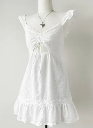 Women’s Live to be Spoiled white eyelet mini dress cut out and flutter sleeves thumbnail 1