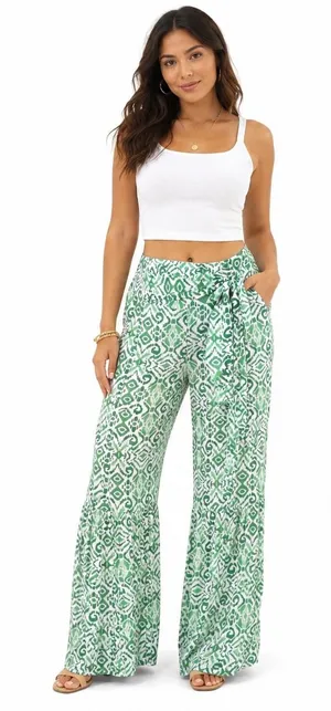 Nanette Lepore Womens Wide Leg Pants Green Ikat Boho Coastal Vacation Large thumbnail 1