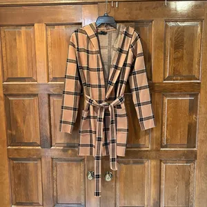 Tahari Plaid Hooded Belted Cardigan Coat Coatigan Tan‎ Black Medium M Jacket thumbnail 5