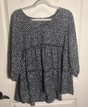 ODDY Babydoll Top Size Large 3/4 Sleeves Black & White Boho Peplum Tunic‎ Shirt thumbnail 1