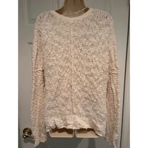 Free People Ivory V-Neck Popcorn Knit Cotton Blend Sweater Cream Small thumbnail 3
