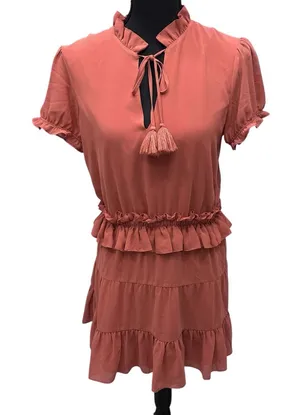 Tularosa Womens Size Small Colleen‎ Mini Dress Ruffled Coral Chiffon Tassel Neck thumbnail 1